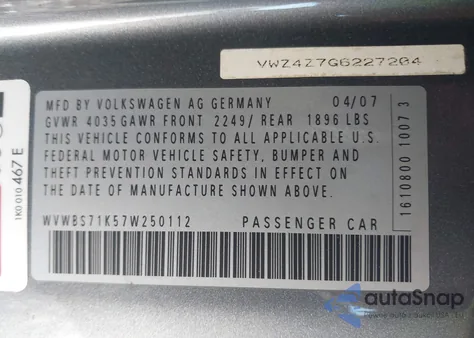 2007 Volkswagen Rabbit 2-Door из США, поврежденный, VIN WVWBS71K57W250112